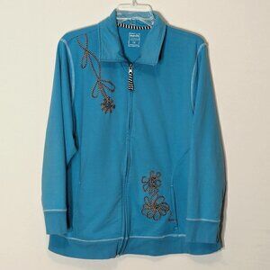 Women's THREE HEARTS Teal Fleece Zipper Jacket w Appliqued Flowers; Size 1X